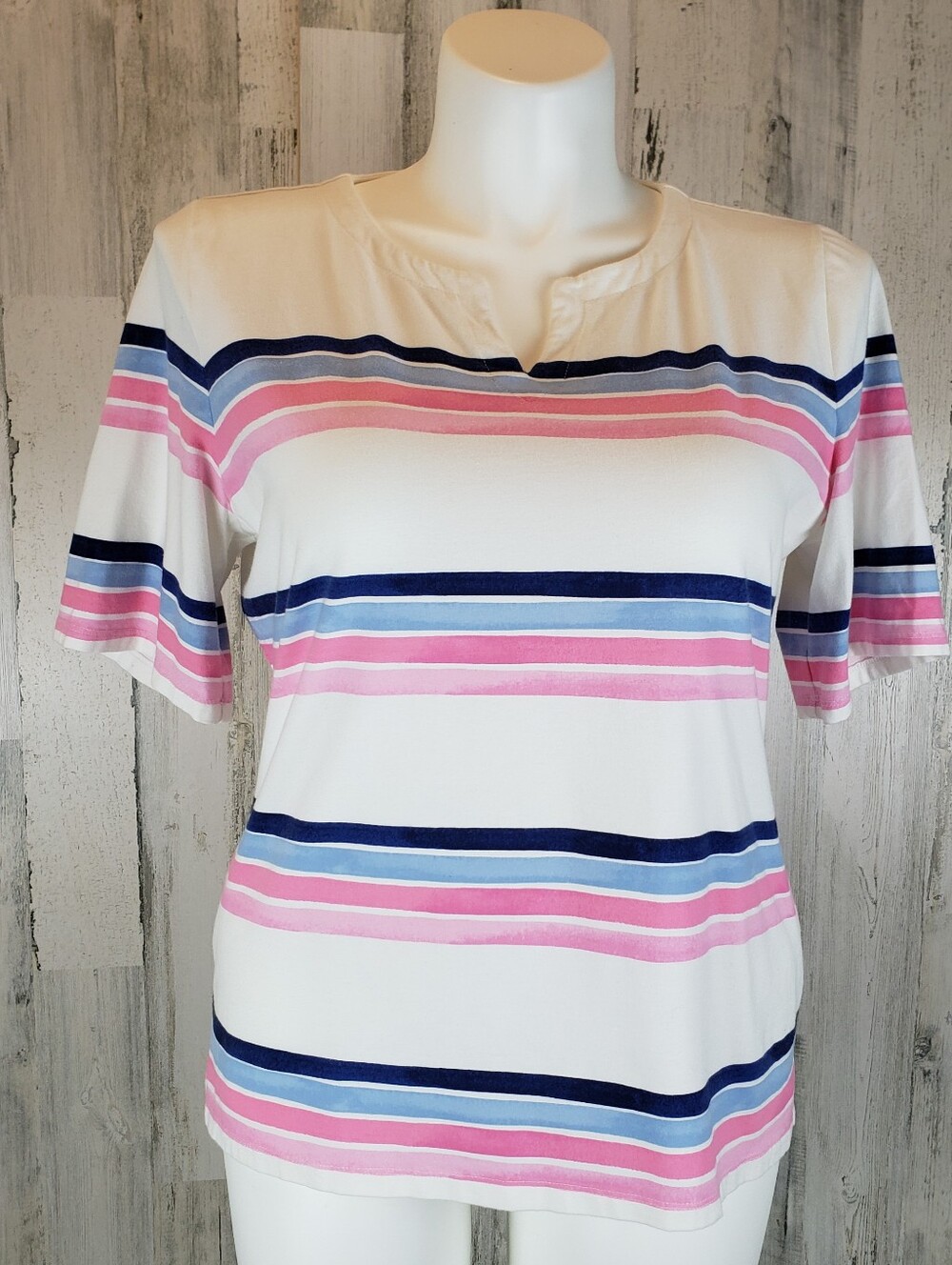 Talbots White Short-Sleeve Tee with Pink and Blue Stripes Size XL